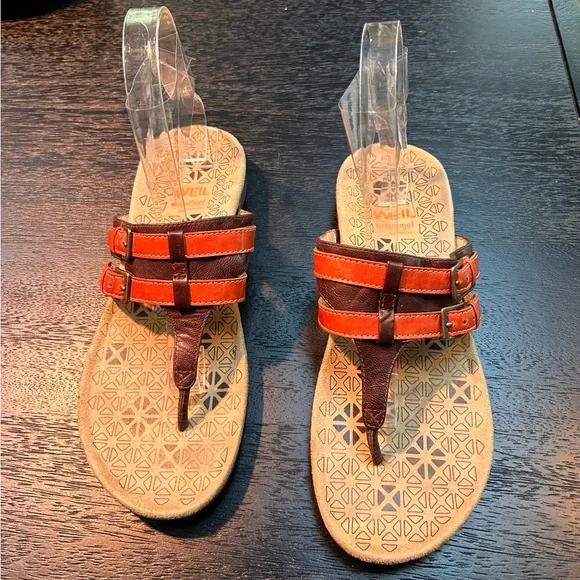 Dr. Andrew Weil Size 7 Leather Orthaheel Comfy Sandals Flip Flop Brown Orange - Picture 2 of 9
